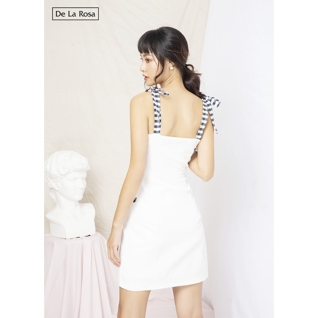 Đầm kaki trắng thiết kế dây cột caro - De La Rosa