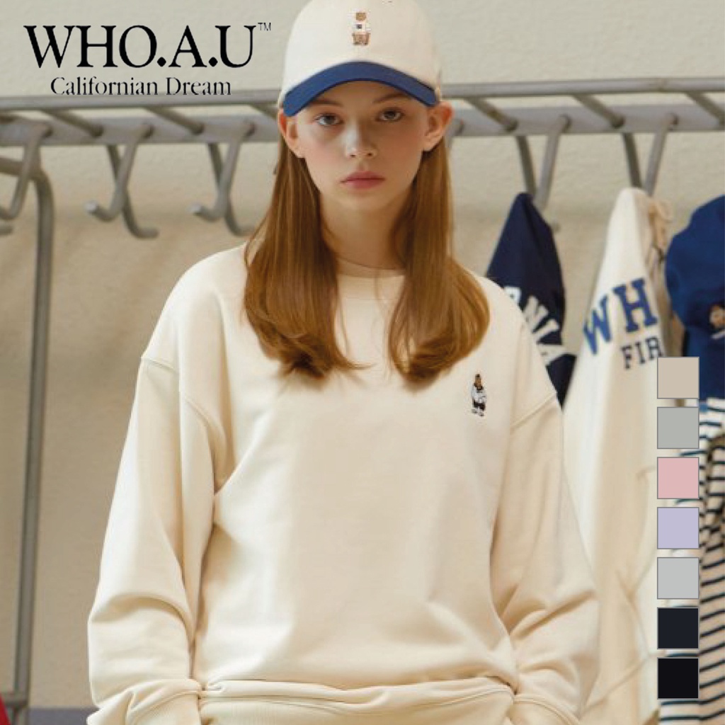 Áo sweater WHO.A.U màu trơn họa tiết gấu Steve WHMWC2203U