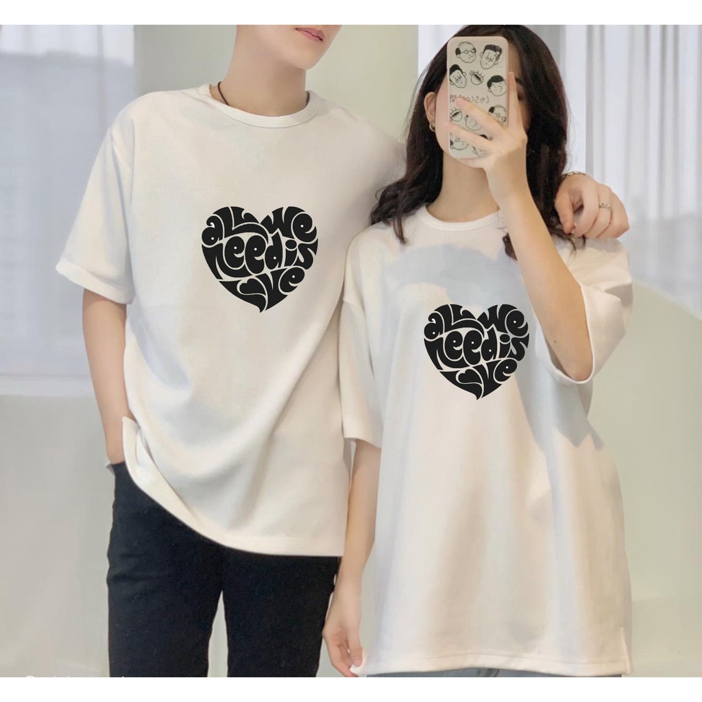 Đôi Áo Thun Phông Cặp Đôi Unisex Ngắn Tay Cổ Tròn Màu Trắng Vải Cotton Organic In Hình Chữ Trái Tim Năng Động,Trẻ Trun