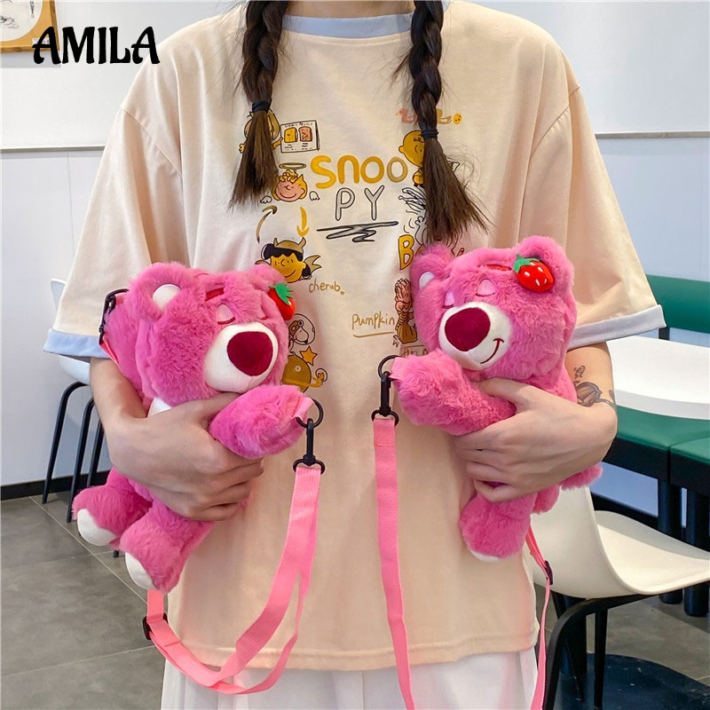 Túi đeo chéo AMILA hình chú gấu nhồi bông mềm mại đáng yêu cho nữ