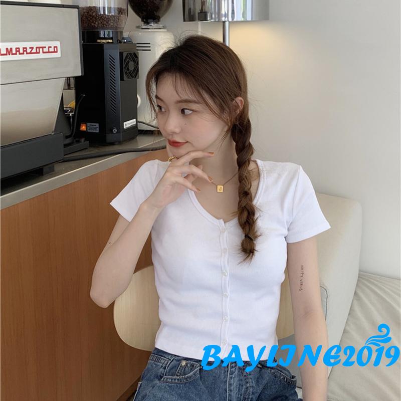 Áo Thun Nữ Ngắn Tay Cổ Tròn Hở Eo Thời Trang