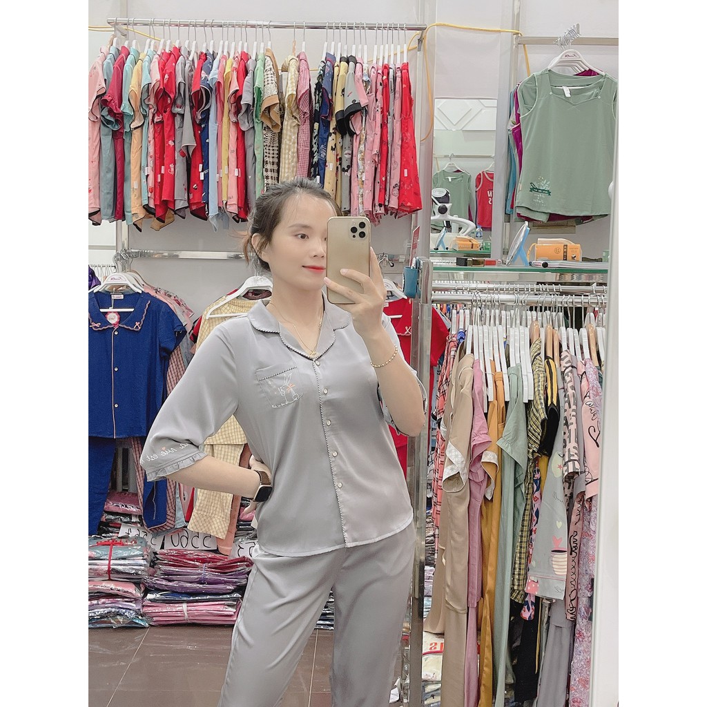Đồ mặc nhà nữ hãng Sunfly - Bộ lụa trơn tay lỡ quần dài ST8701 (Ảnh hãng kèm ảnh chụp tại shop)