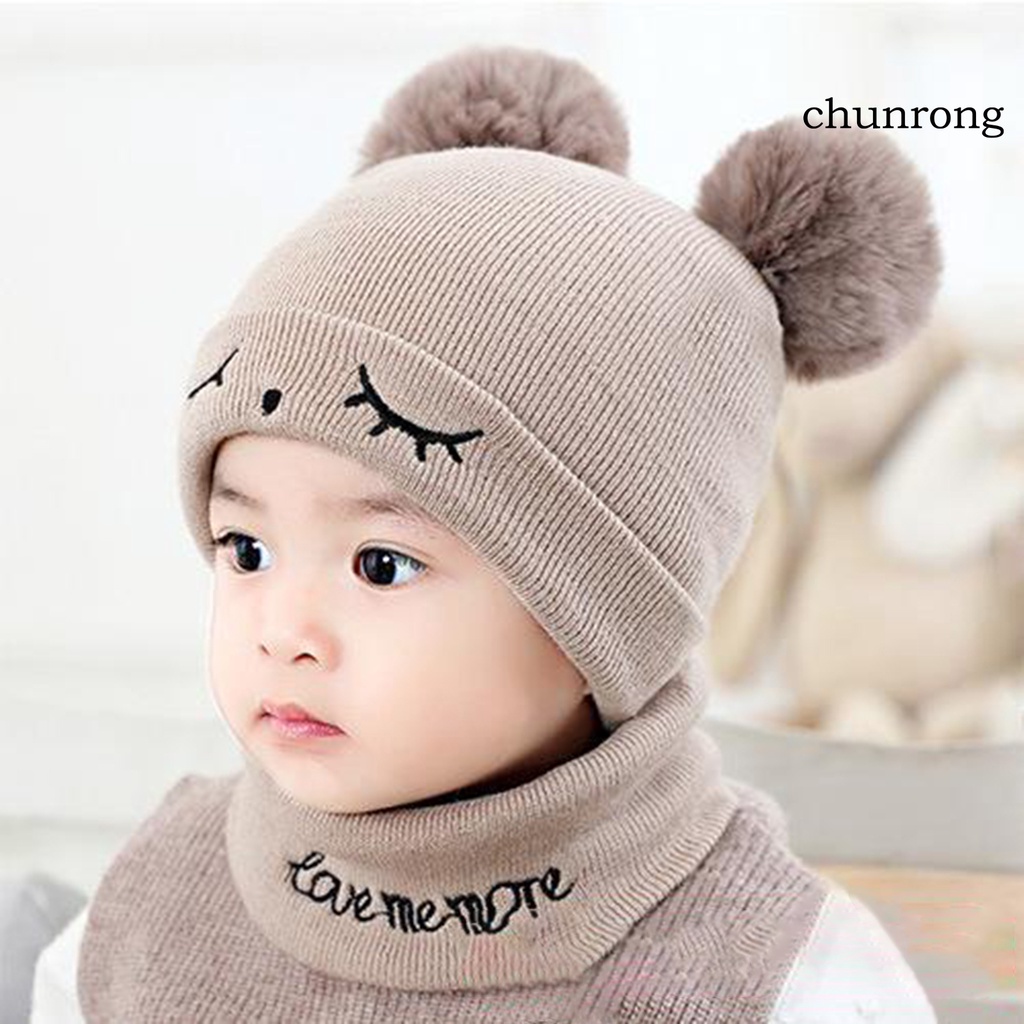 1 Set Mũ beanie + Khăn Choàng Cổ + Bóng Lông Màu Trơn Chống Gió Cho Bé