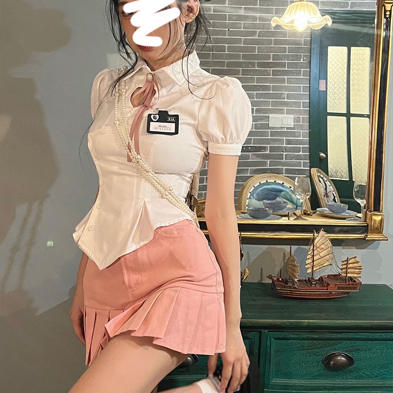 Korean Summer Fashion High Waist Pleated Skirt + Shirt Set For Women NkRm