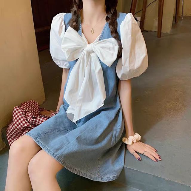 [ORDER TAOBAO]  Váy Bò Nơ Trắng Dáng Xoè Cute