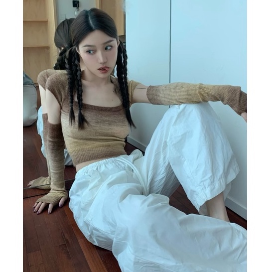 QKOOLE  Áo croptop Dệt Kim Tay Dài Cổ Vuông Kiểu Vintage Hàn Quốc Dễ Thương Cho Nữ