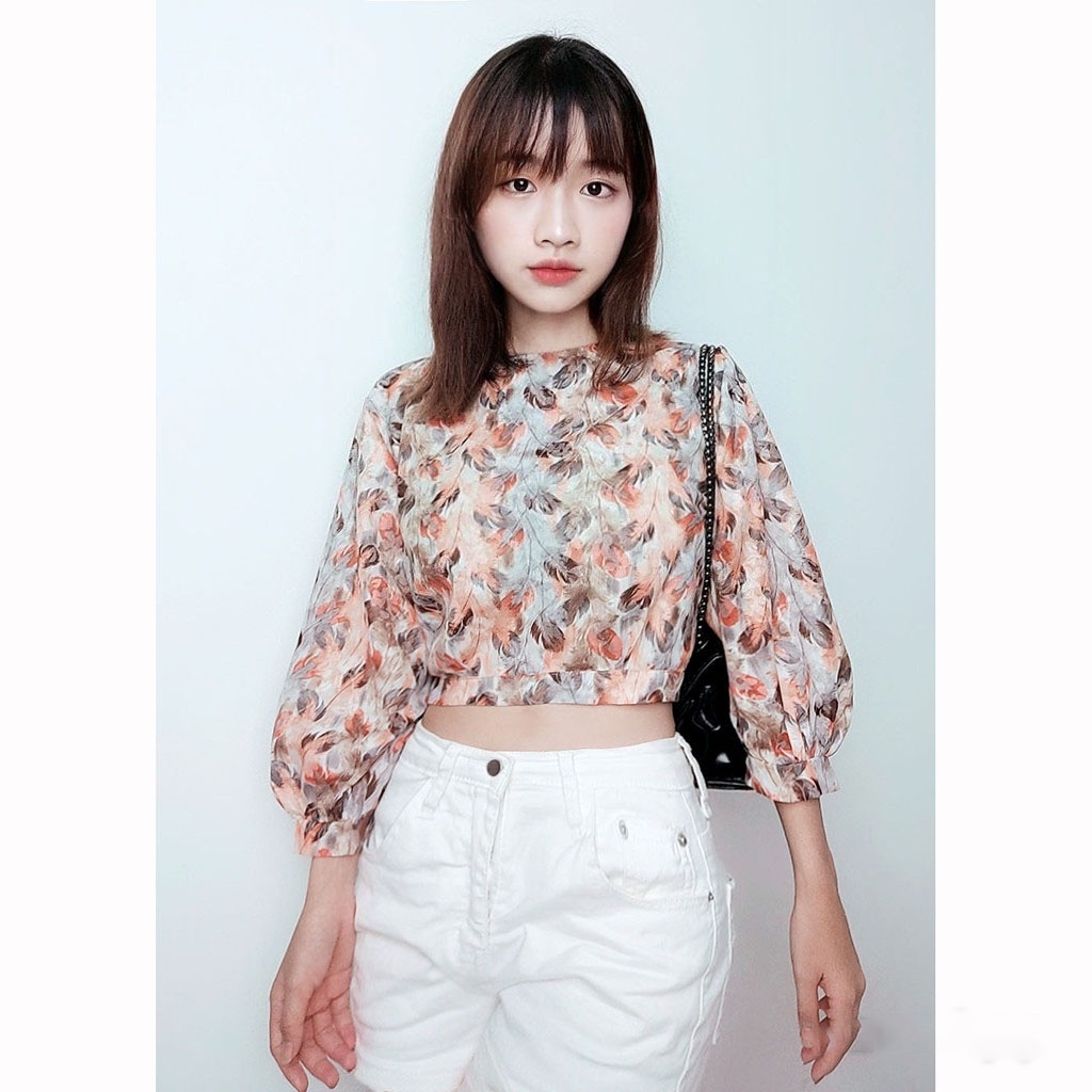 Áo kiểu croptop hoạ tiết thời trang vintage, dễ thương RM001