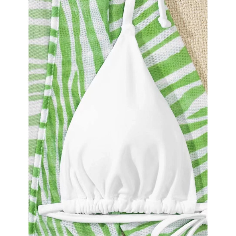 [BKN1507] &lt;ÂU&gt; SET BIKINI 3 MÓN TRẮNG KÈM VÁY DÀI TAY XANH VẰN