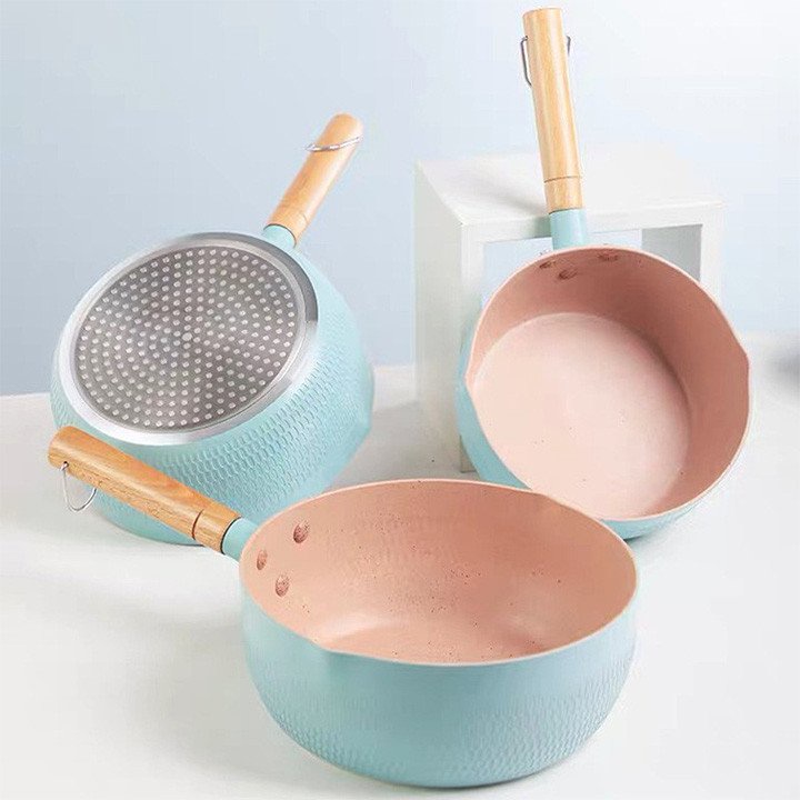 Chảo chống dính Ceramic đáy lòng sâu có tay cầm cán gỗ chống bỏng màu pastel lúa mạch  - không kèm nắp