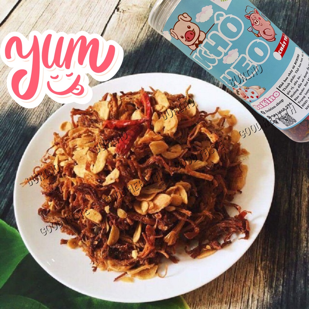 Khô heo, khô lợn cháy bơ tỏi BUKINO hộp 200gr, đồ ăn vặt ngon heo khô vừa ngon vừa rẻ Hà Nội, ship hỏa tốc