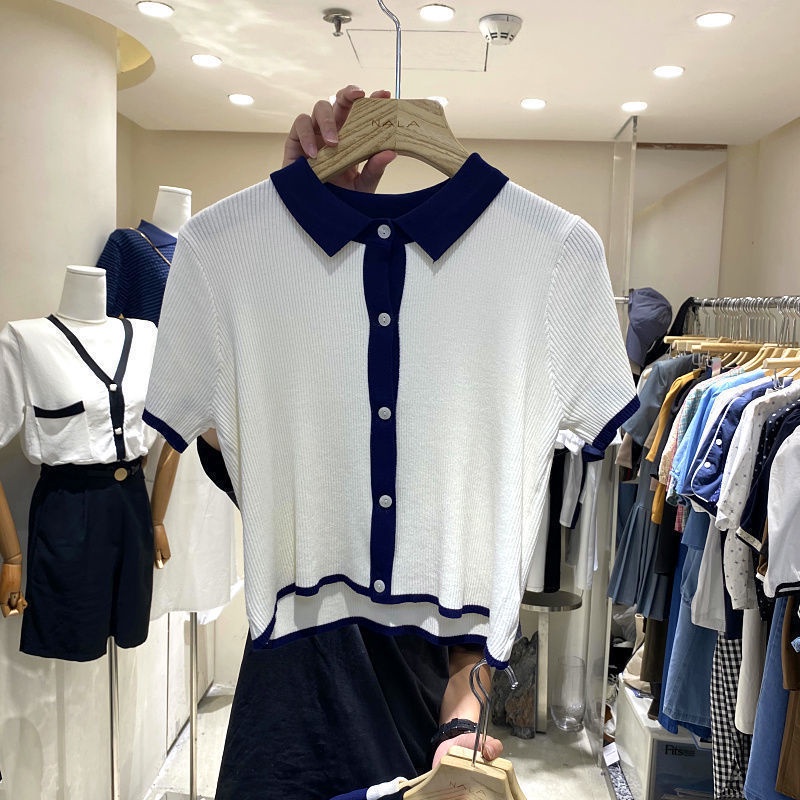 Áo polo Dệt Kim Mỏng Tay Ngắn Phối Màu Tương Phản Thời Trang Mùa Hè Cho Nữ