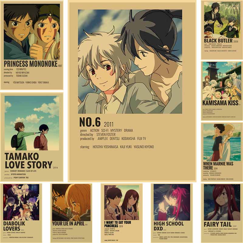 Set 100 Tấm Poster Phim Hoạt Hình My Hero Academia / Spirited Away / Mob Psycho Phong Cách Retro