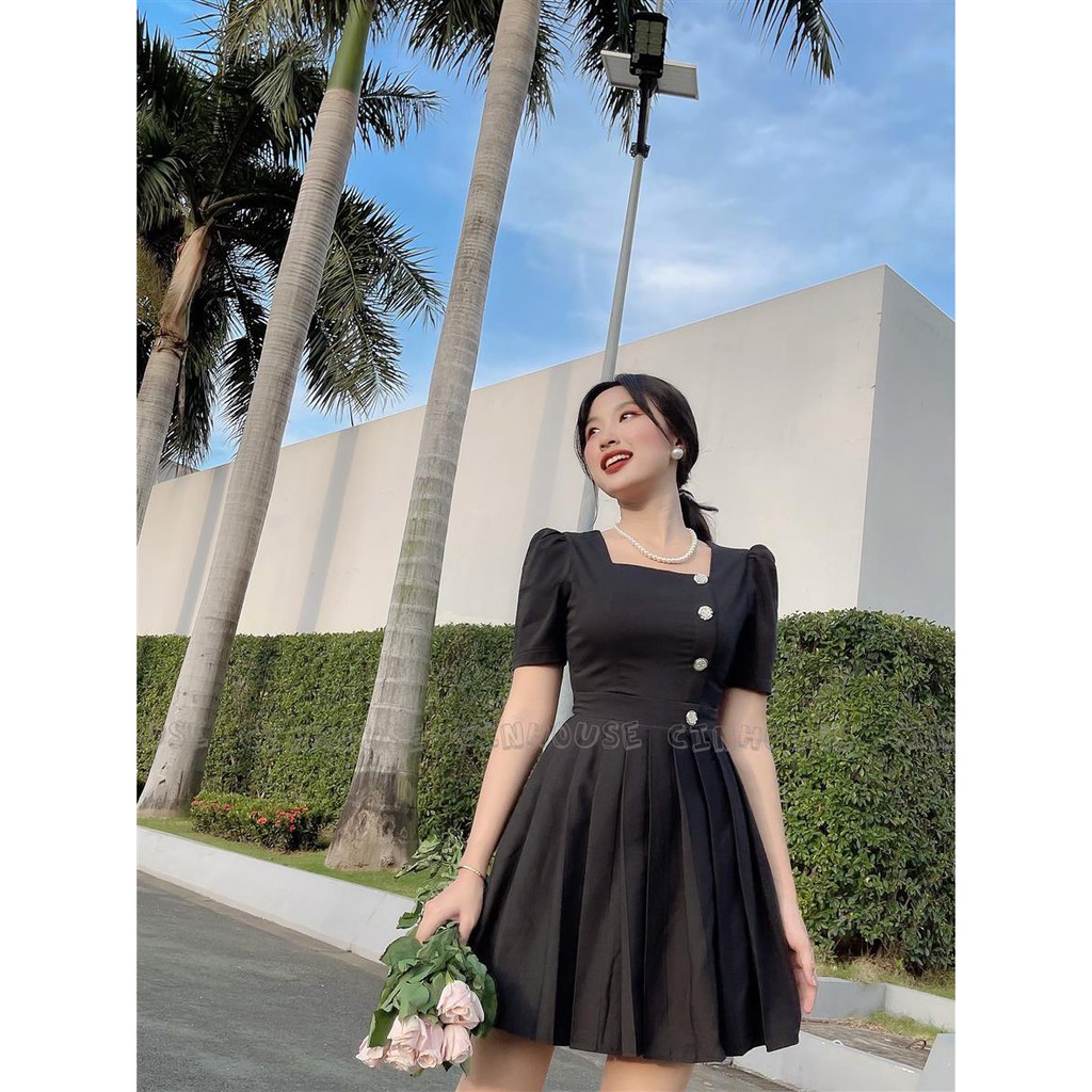 Đầm xòe dập ly Julie 0088 cổ vuông đính nút CIN HOUSE