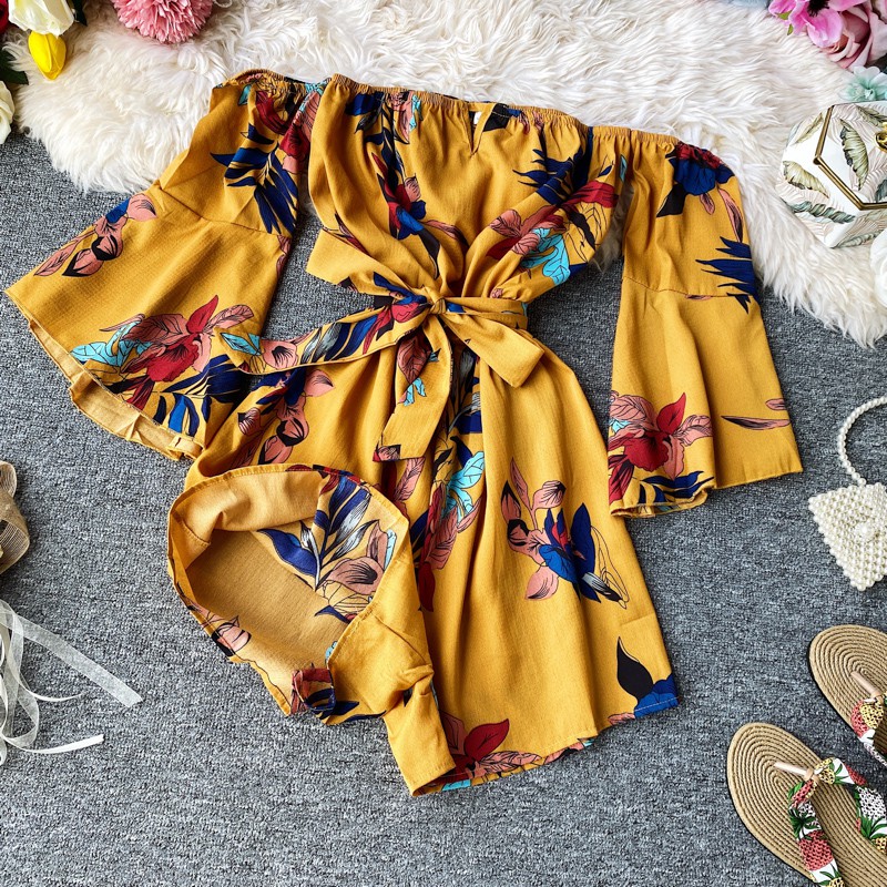 Jumpsuit, đồ bay trễ vai tay rộng họa tiết