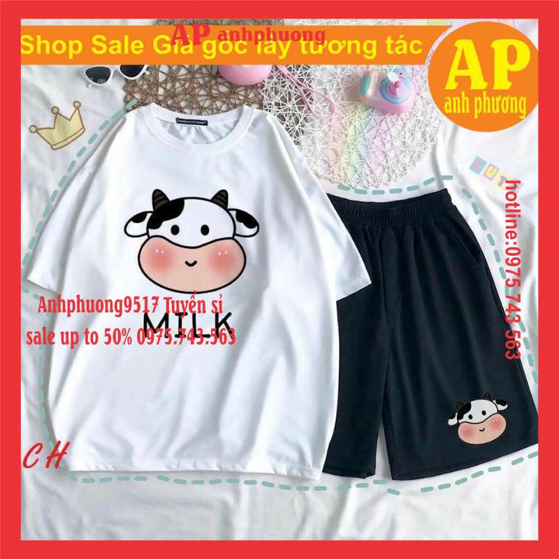 Sét bộ in hình Áo bò sữa Milk +quần đùi bò sữa in 5D sắc nét, set áo thun tay lỡ kèm quần short Unisex nam nữ