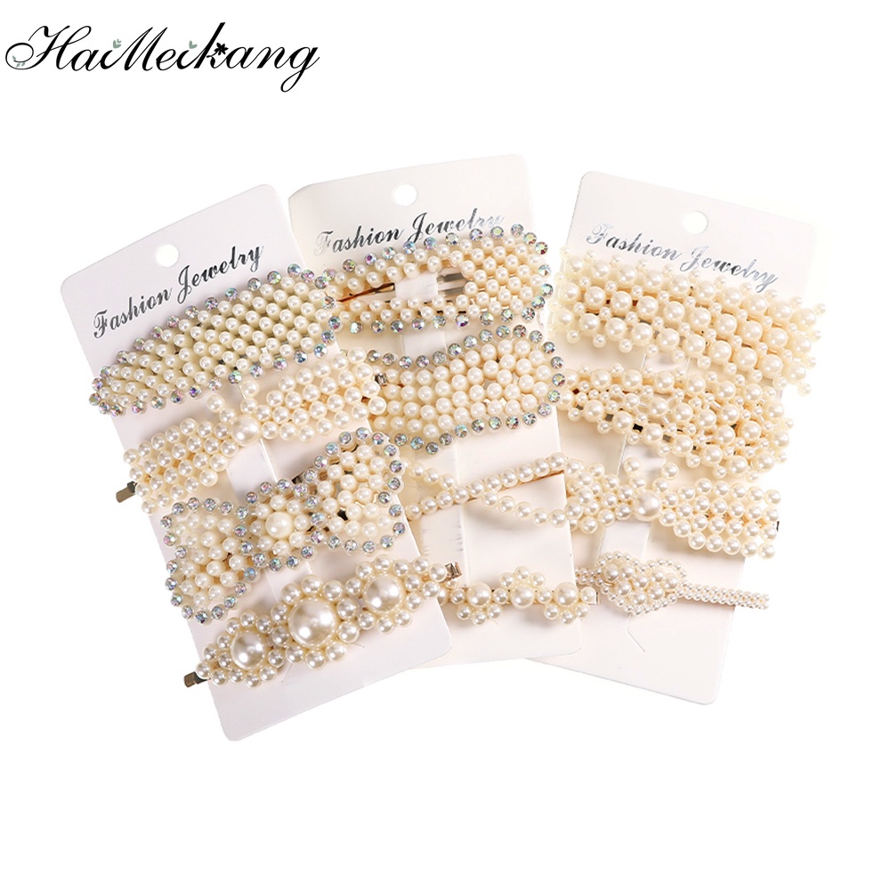 Set kẹp tóc mỏ vịt Haimeikang đính ngọc trai giả phong cách Hàn Quốc đơn giản thời trang