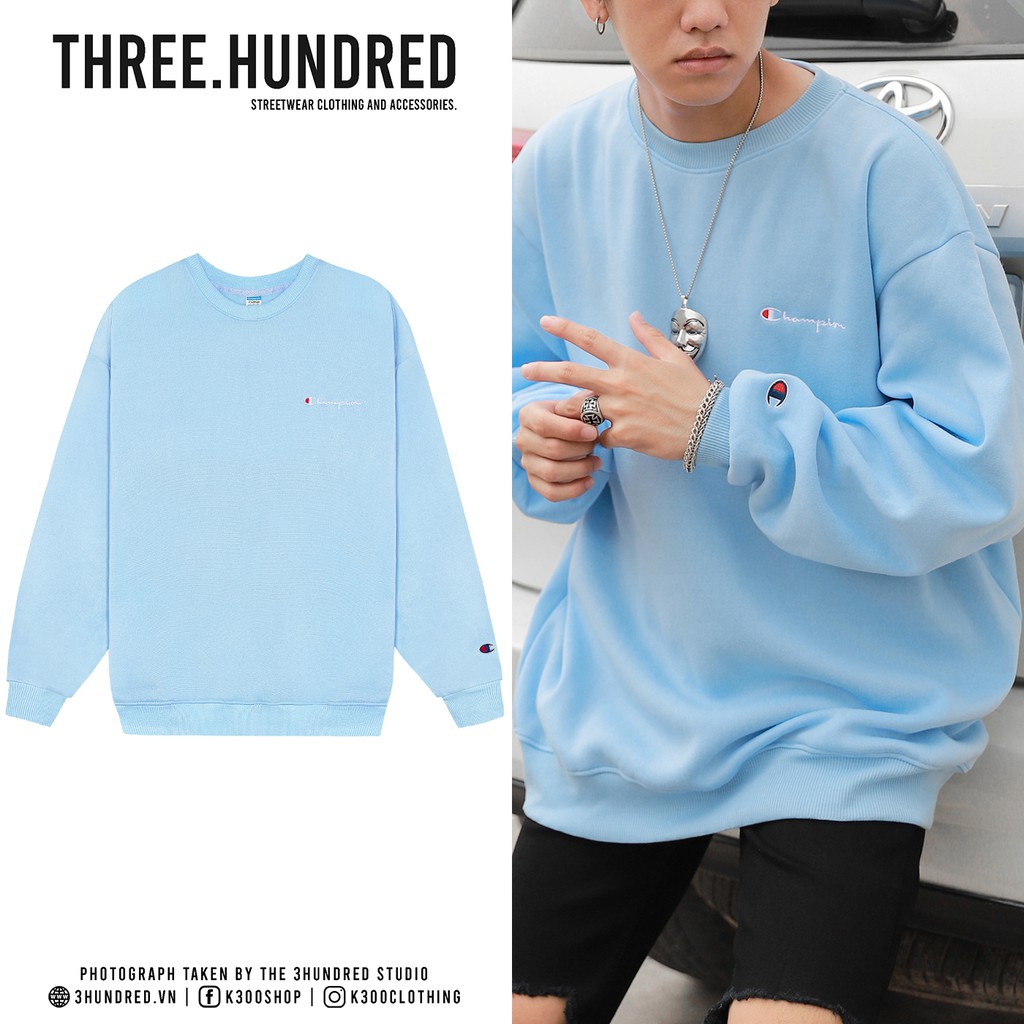 Áo Tay Dài Sweater Champion Chữ Thêu Màu Xanh Dương
