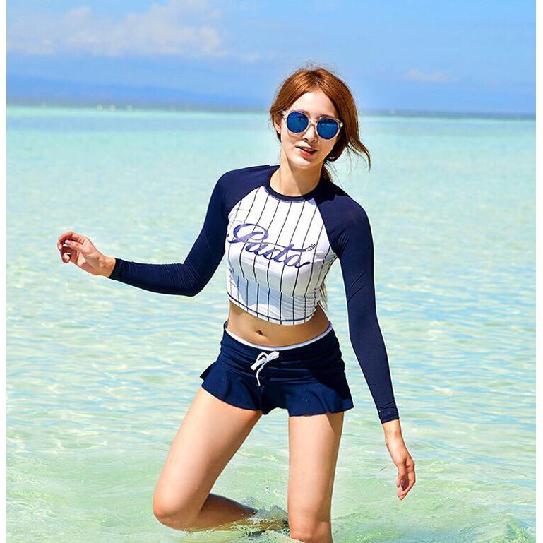 BIkini bộ bơi dài tay năng động, họa tiết sọc thời trang