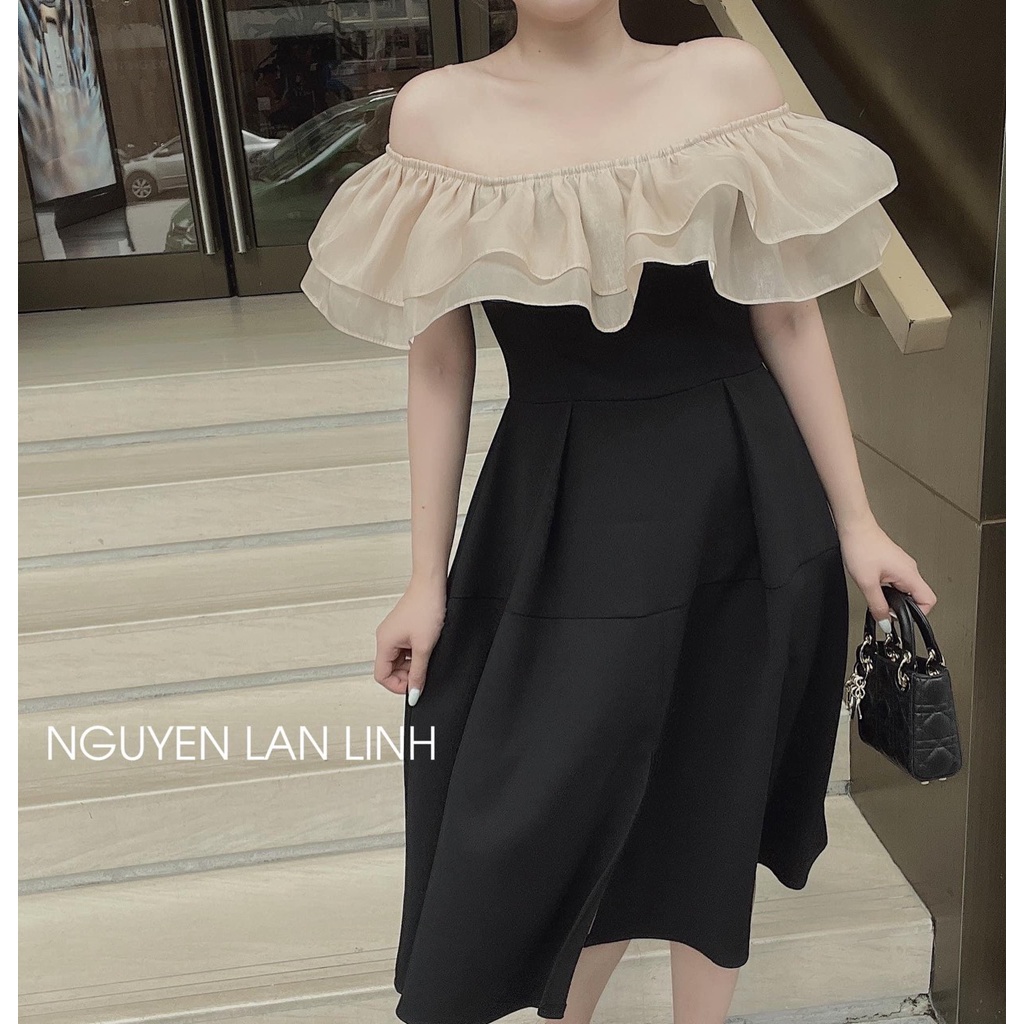 [8.8 Sales Freeship] Đầm đen 2 dây trễ vai phối voan bèo, đầm bẹt vai dáng xòe đi cưới, dự tiệc sang trọng