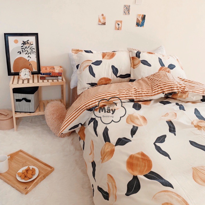 Bộ chăn ga gối Cotton Poly họa tiết quả đào màu hồng cam MÂY BEDDING đủ kích thước nệm