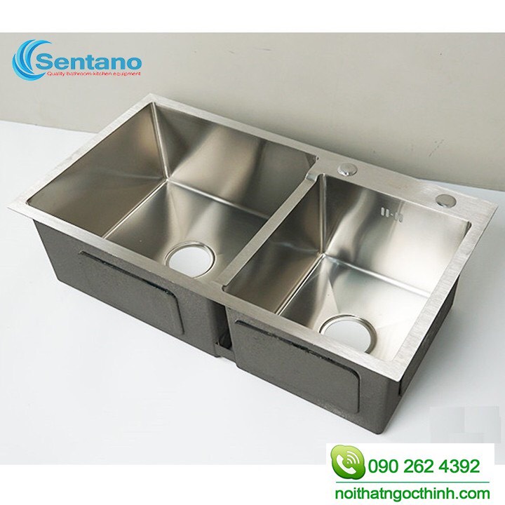 Combo chậu rửa chén 2 ngăn lệch inox sus304 82x45cm + rổ inox+vòi chén nóng lạnh tròn F24