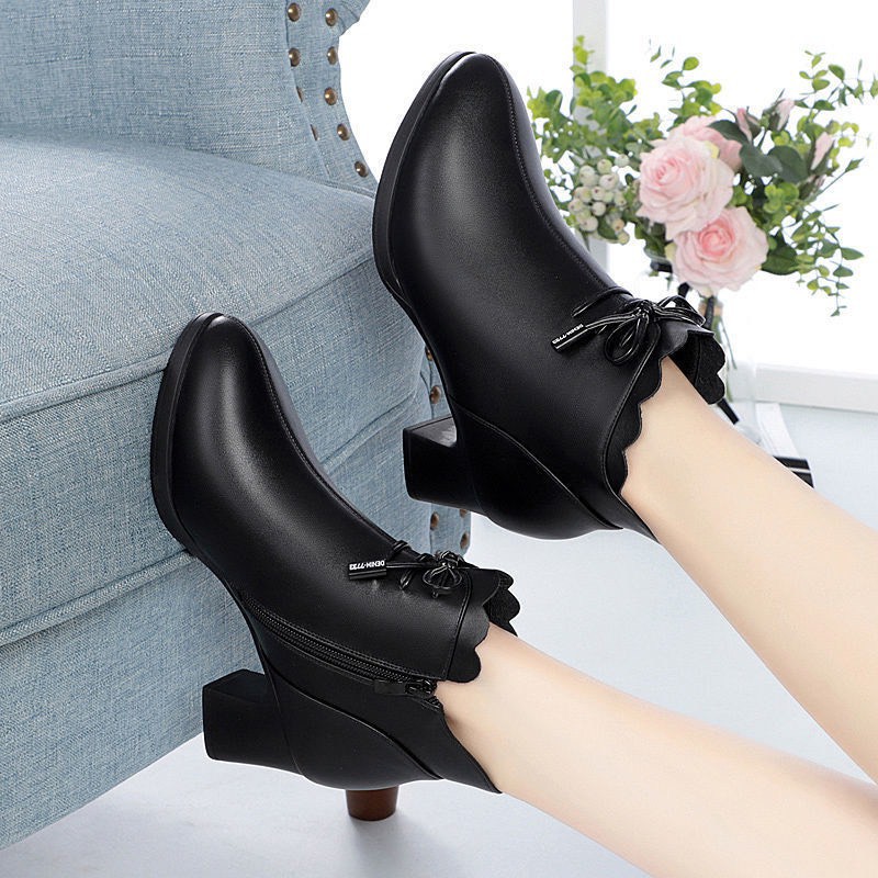 Bốt nữ cổ ngắn lót lông đính nơ gót thô 6cm C06 có video | BigBuy360 - bigbuy360.vn