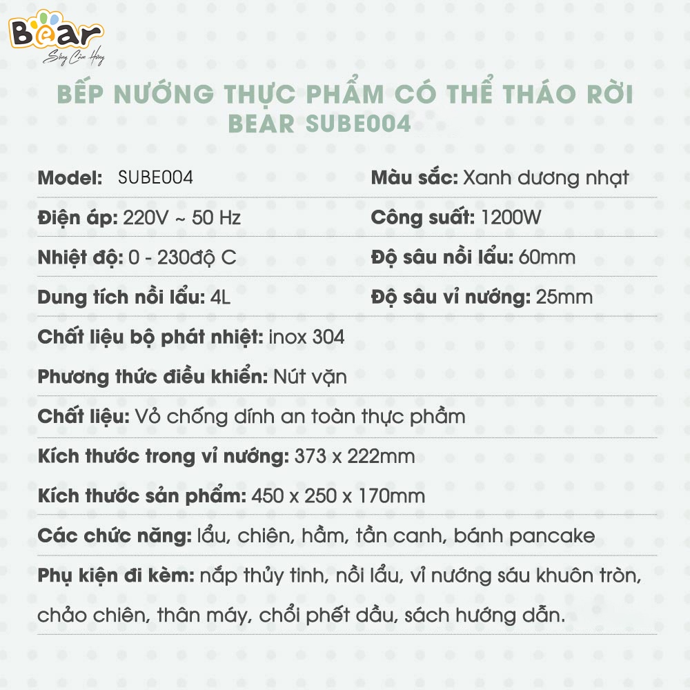 [Bear Chính Hãng] Nồi Lẩu Nướng 3 Khay Đa Năng (3 in 1) SUBE004, khay lẩu 4 lít, khay bánh 6 khuôn nhỏ tròn, khay nướng