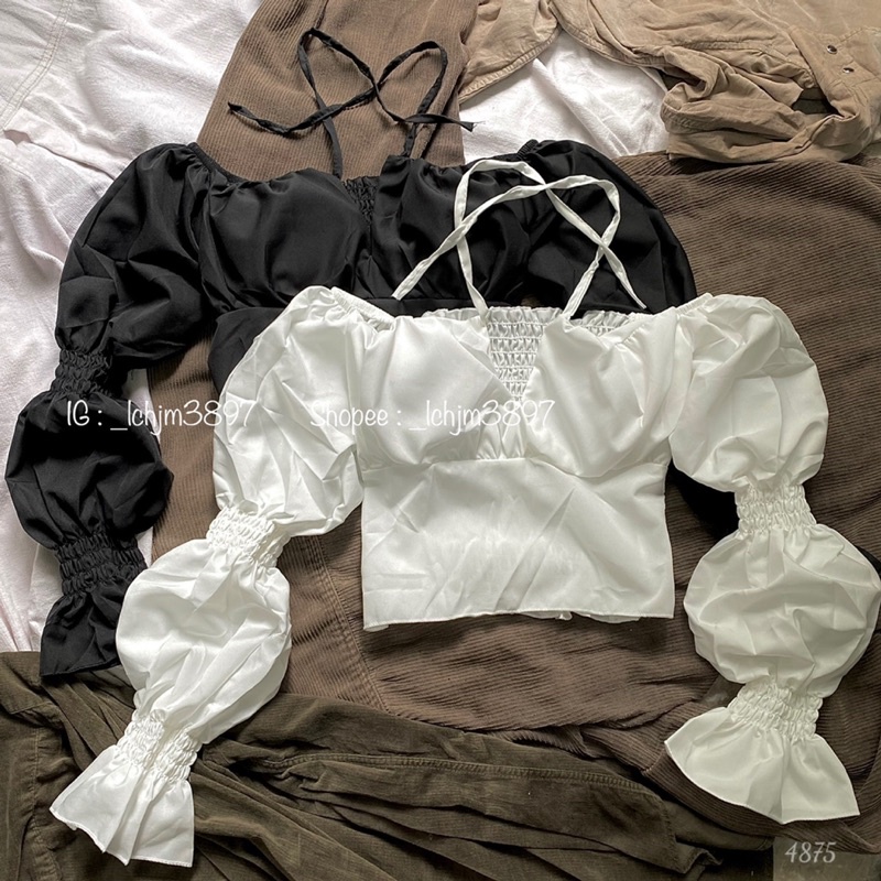 Áo croptop cổ V cột dây tay dài bồng