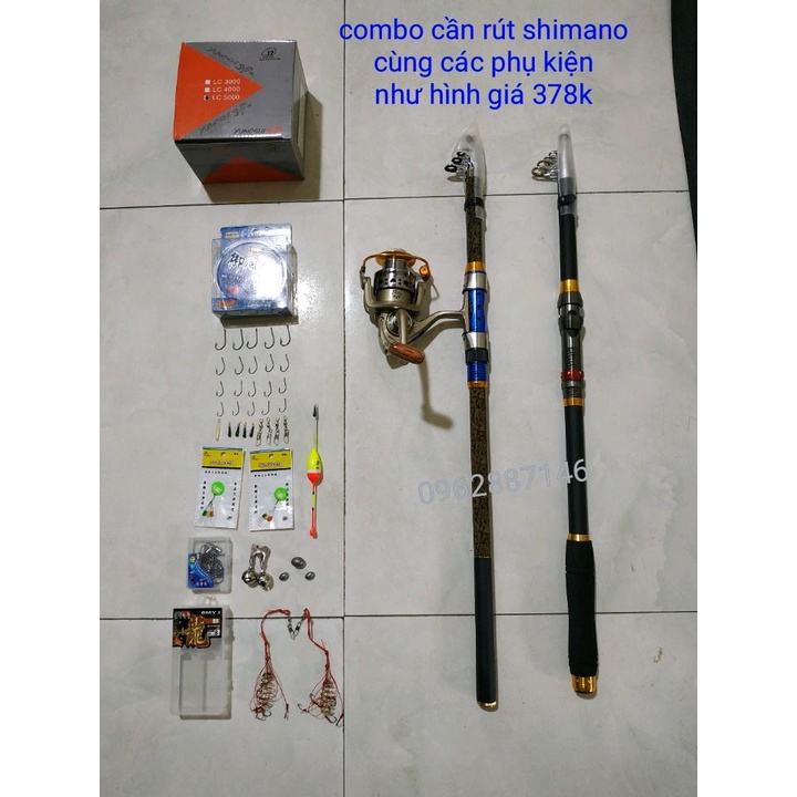 combo bộ cần rút shimano 2m7 +máy kim loại 5000+phụ kiện 14 món như hình