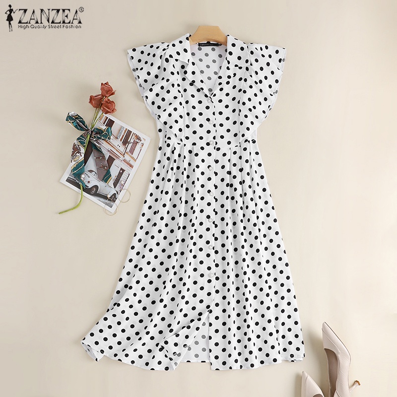 ZANZEA Đầm Không Tay Nhún Bèo Họa Tiết Chấm Bi Thanh Lịch Cho Nữ
