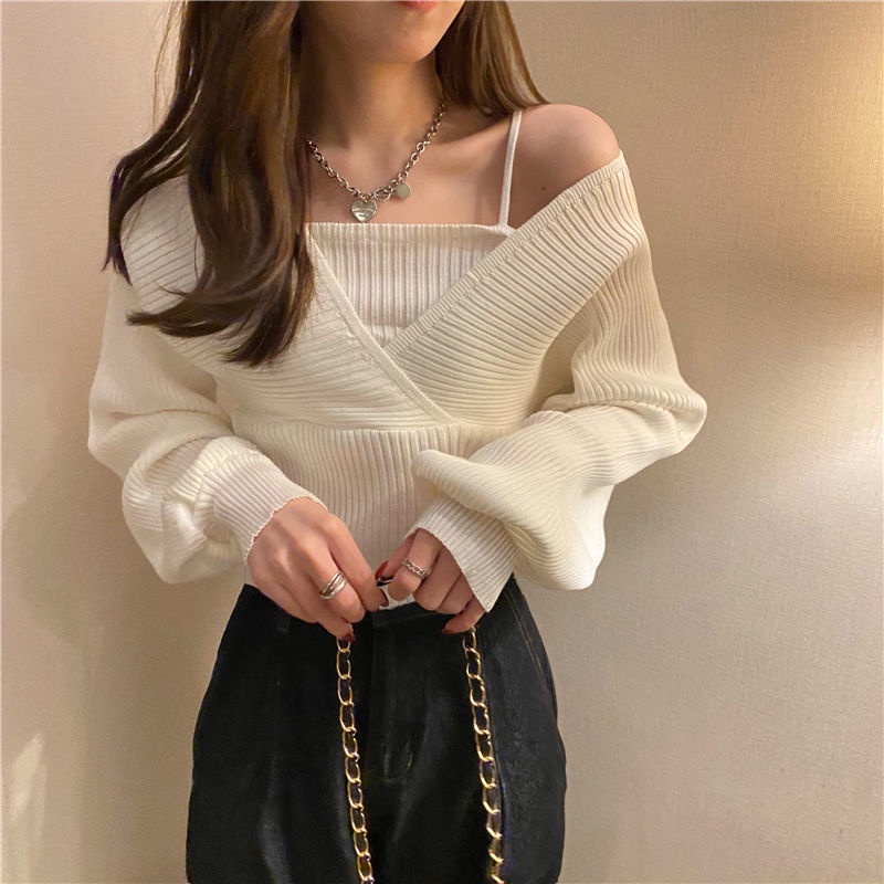 Áo sweater dệt kim tay phồng cổ chữ v phối áo dây bên trong giả 2 lớp thời trang mùa thu cho nữ