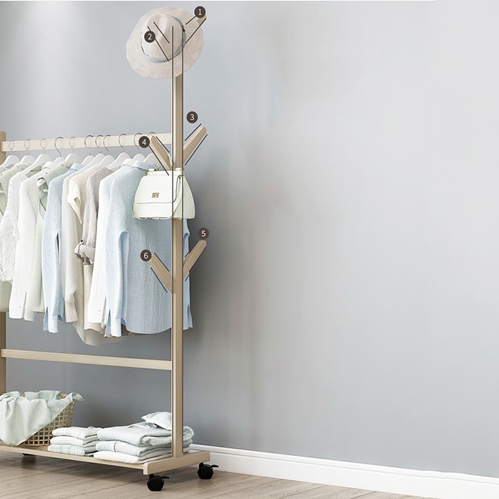 Giá treo quần áo túi xách gỗ di động kiểu Hàn decor phòng ngủ đẹp - Tủ kệ để đồ treo quần áo trang trí shop thời trang