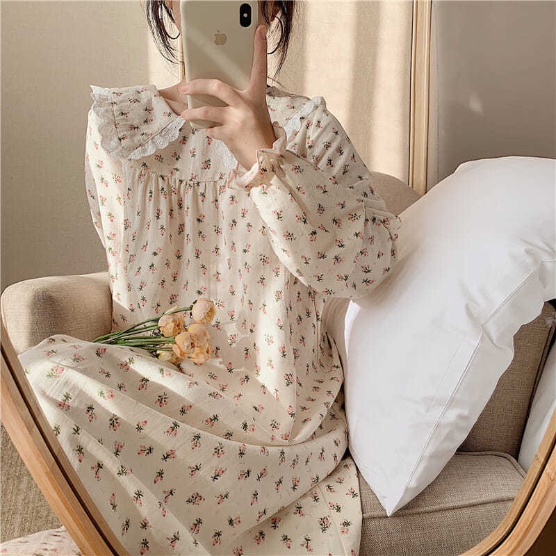 Đầm ngủ tay dài cổ búp bê phong cách công chúa thời trang cho nữ