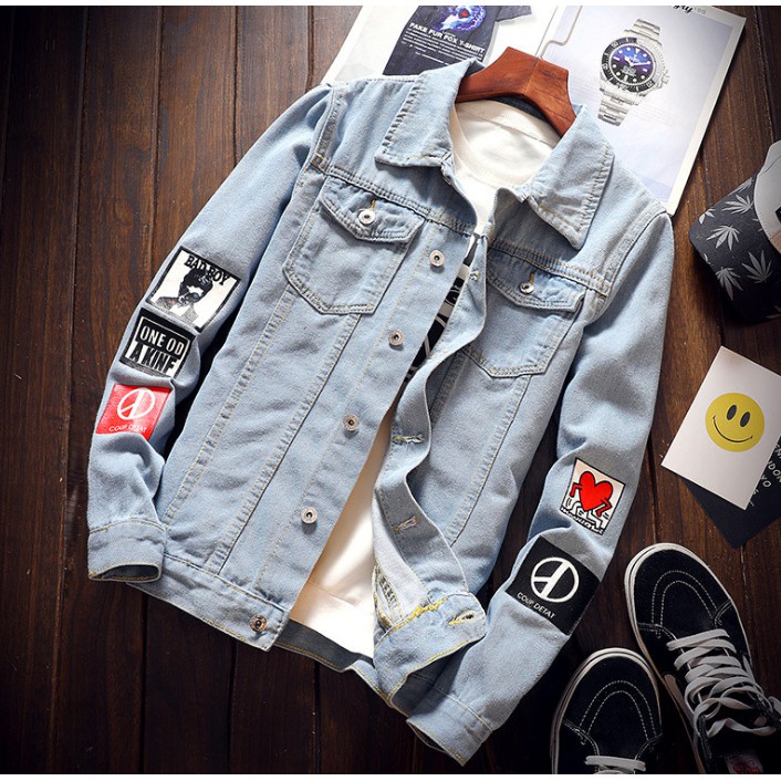 4forl Jaket Áo Khoác Denim Lelaki Kot Tampan Pokegar Jean Dài Dáng Ôm Kasual Luaran Raya Baju Kurung Melayu Kurta/S Retro Cho Học Sinh (Có Lỗ Rách)