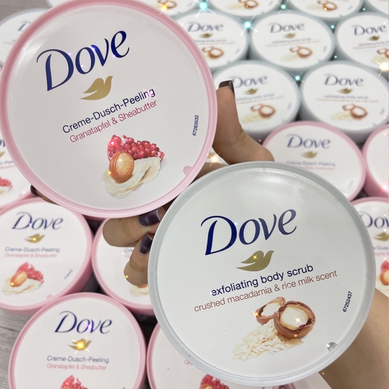 Tẩy tế bào chết Dove bản Đức lựu bơ và macca sữa gạo làm sạch da body, dưỡng trắng, cấp ẩm hũ 225gr