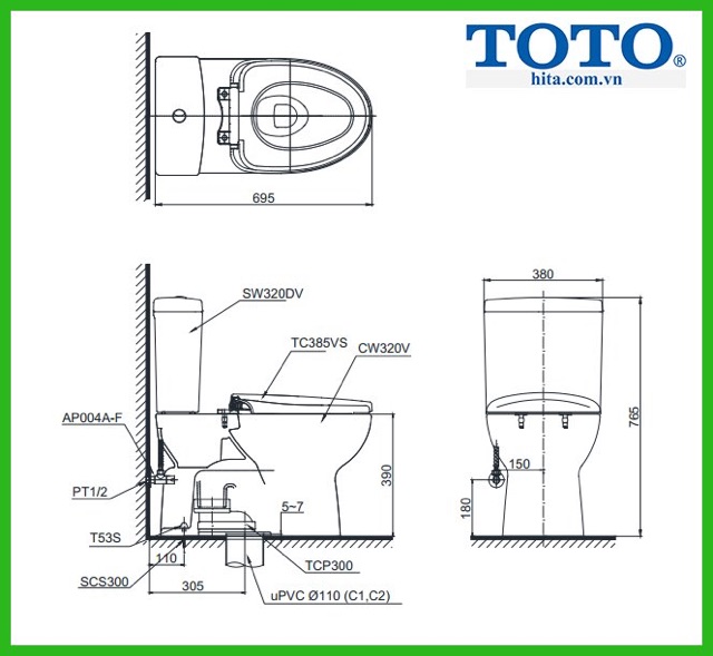 Bàn cầu TOTO CS320DRT3 nắp đóng êm, bàn cầu chính hãng TOTO hàng nhái đền 10 lần