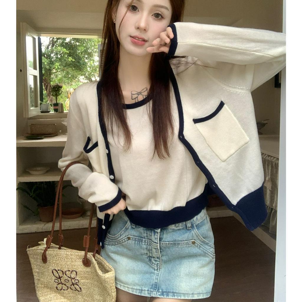 ZHELIHANGFEI Bộ Áo Khoác Cardigan Dệt Kim Tay Dài Màu Sắc Tương Phản Phong Cách Hàn Quốc Thời Trang Cho Nữ