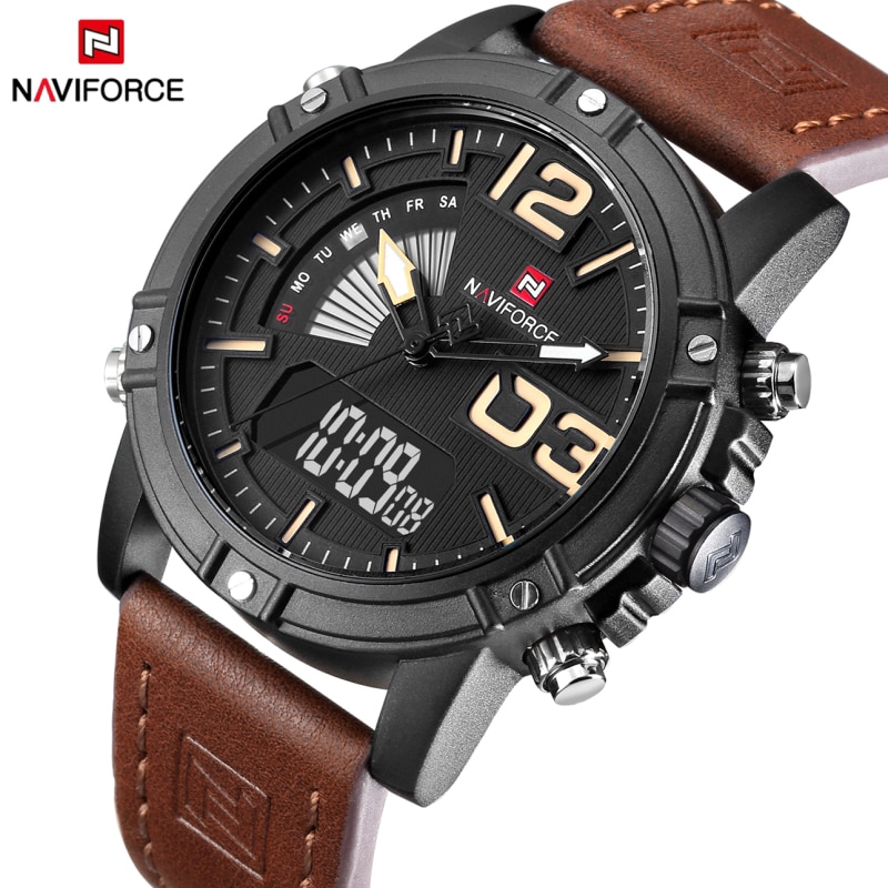 NAVIFORCE NF9095 Men Sport Fashion Leather Band Analog Digital Watch