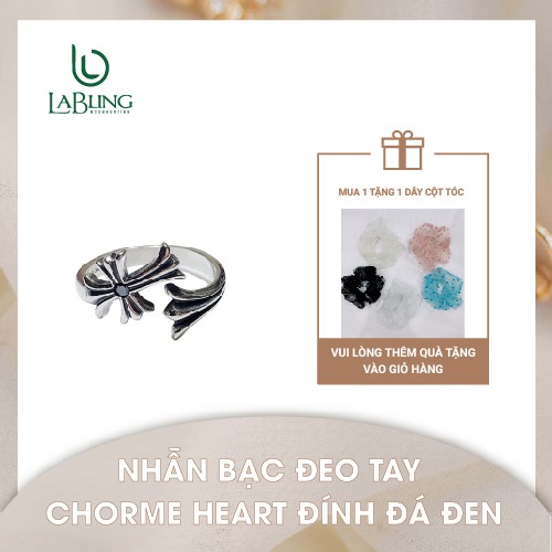 Nhẫn bạc đeo tay Chorme Heart đính đá đen