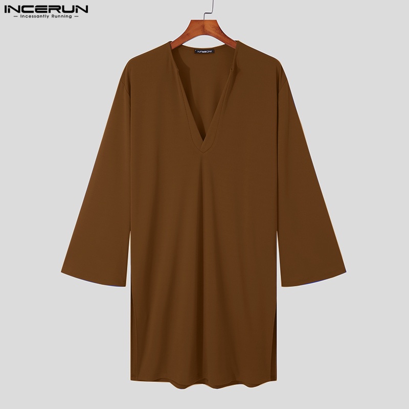 Áo choàng kaftan Incerun dài tay cổ chữ V màu trơn sành điệu cho nam phong cách Hồi giáo