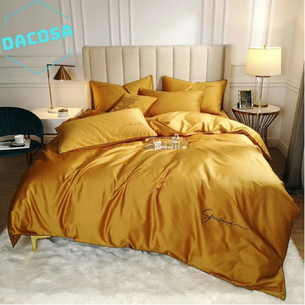 [Giá Sỉ] Bộ Chăn Ga Gối LỤA SUMOI 60S Màu Vàng Cao Cấp Khách Sạn