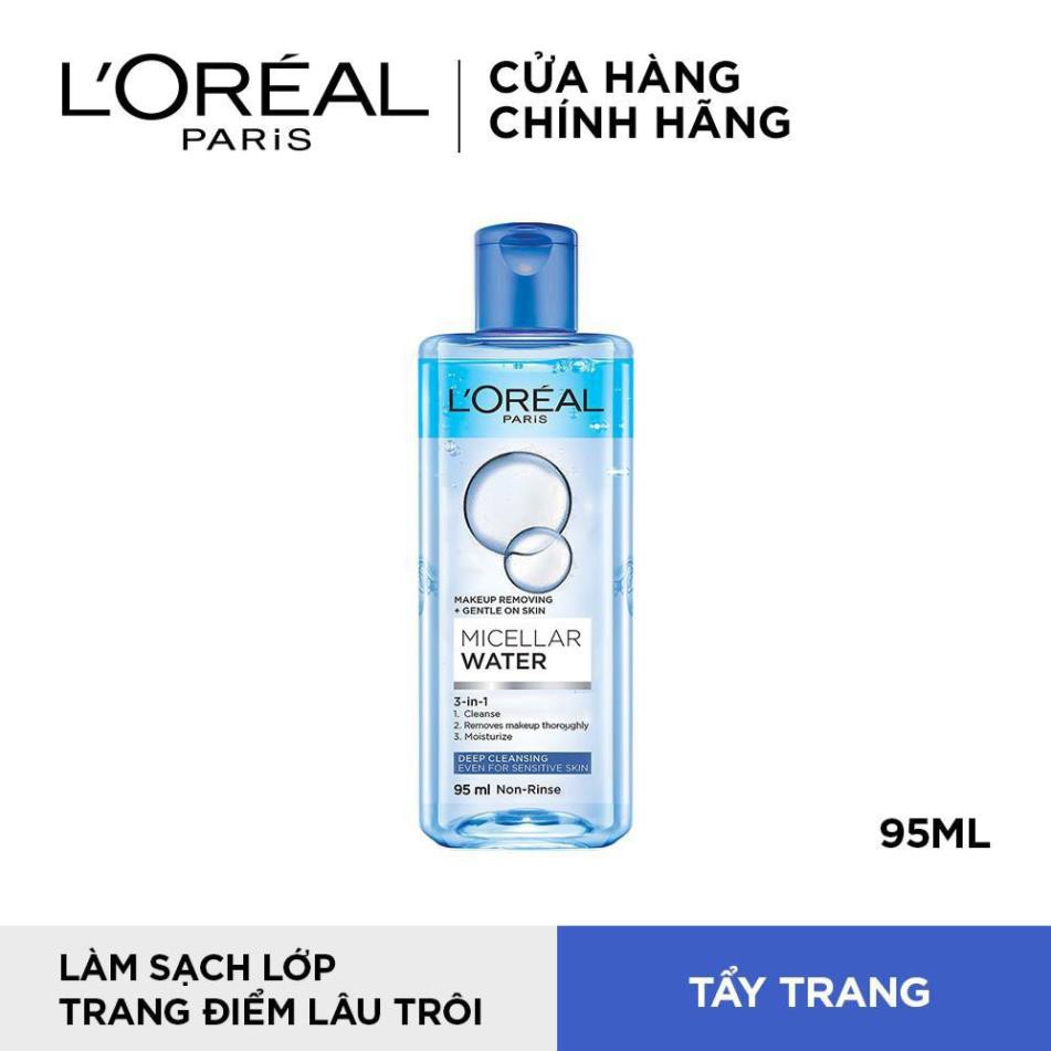 Nước tẩy trang Loreal paris 3 in 1 micellar water 95ml Deep Cleansing màu xanh đậm cho da dầu mụn