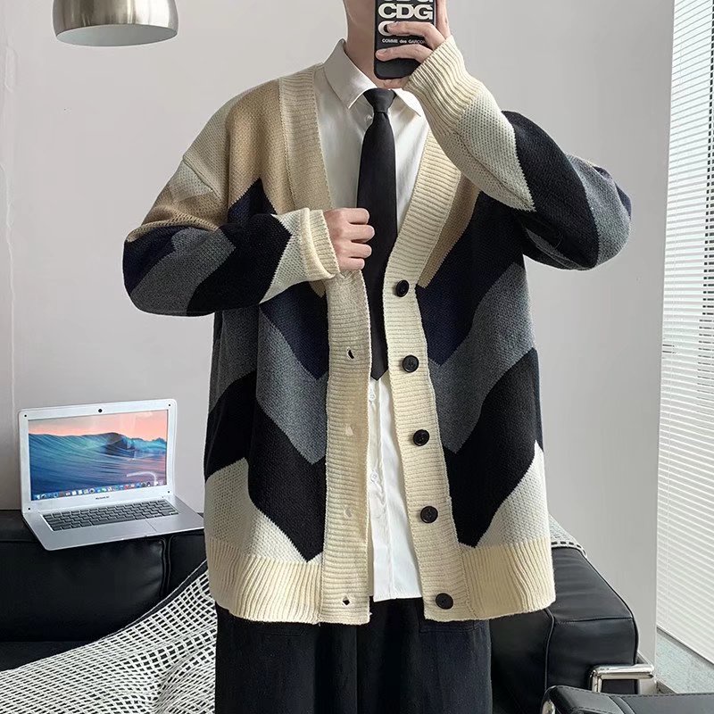 Áo khoác cardigan dệt kim cổ chữ v dáng rộng phong cách thời trang hàn quốc dành cho nam retro áo len cardigan nam dệt kim áo len sọc trắng đen nam from rộng
