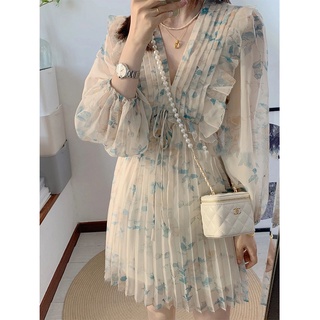 Đầm voan hoa xếp ly phong cách retro cho nữ