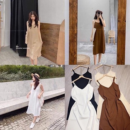 Đầm 2 dây xẻ tà dáng suông