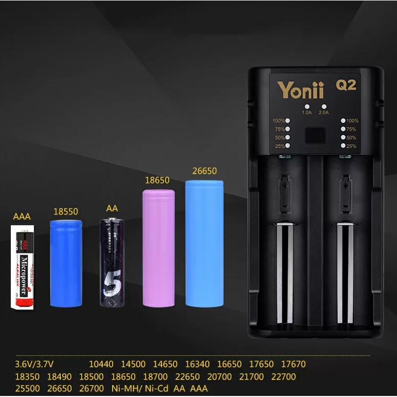 [S5] Bộ sạc đôi Yonii Q2 Plus 2 khe, 2A cấp nguồn ra 5V 1A thay thế cho Lii-202 21700 26650 18650 aa aaa