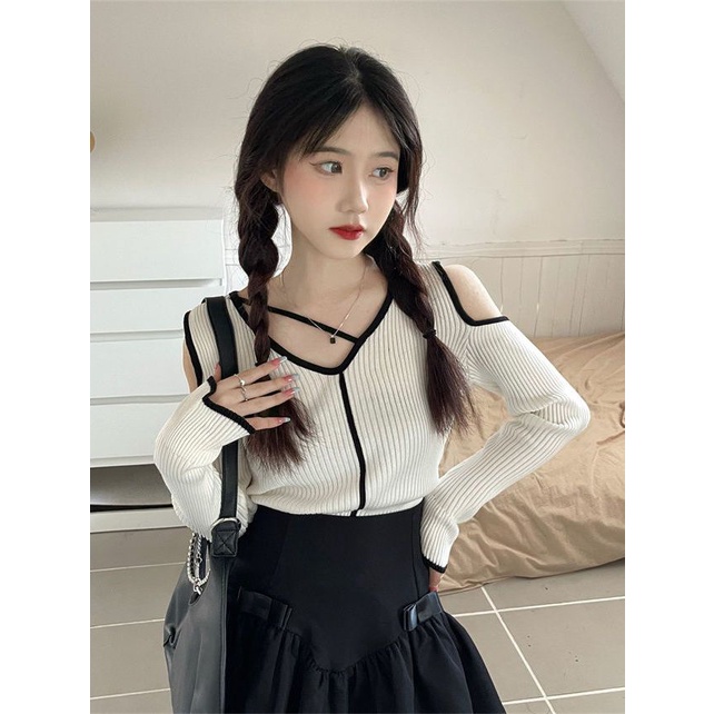 COZOK Áo Sweater Dệt Kim Tay Dài Cổ Chữ V Hở Vai Phong Cách Thời Trang Hàn Quốc