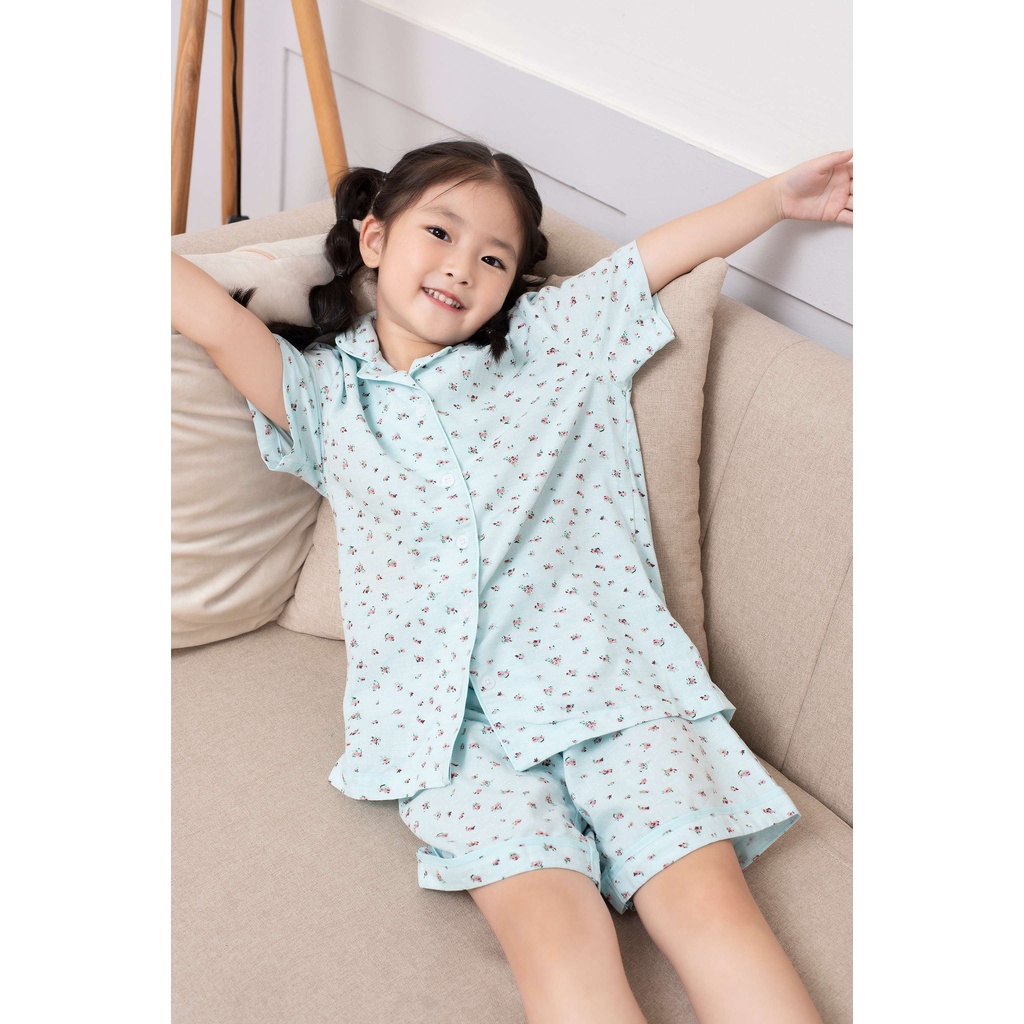 Bộ Pyjama bé gái cộc tay MILAM hoa nhí xanh mát cho bé