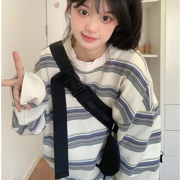 ZHELIHANGFEI Áo Thun Tay Dài Họa Tiết Sọc Theo Phong Cách Retro Mỹ