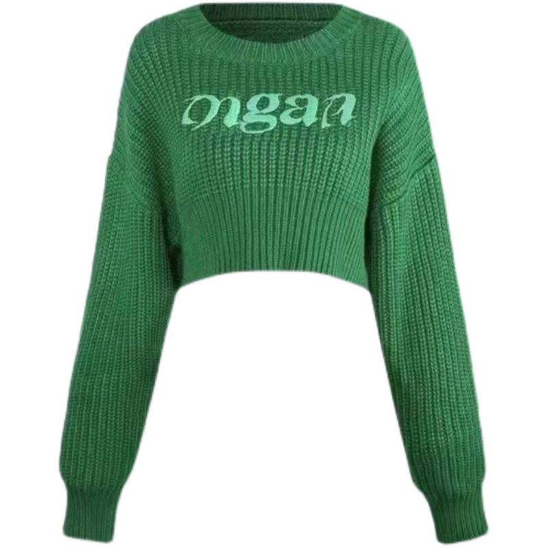 Áo sweater lửng dáng rộng màu xanh lá sang trọng thời trang 2021 dành cho nữ
